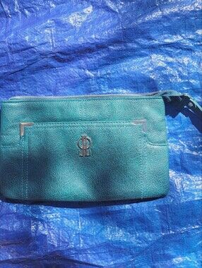 Lio Ju Textured Teal Wristlet Clutch with Silver-Tone Accents
